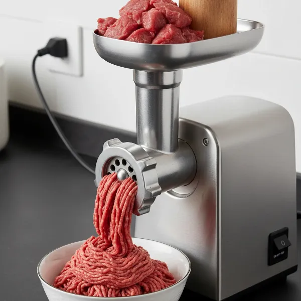 An electric meat grinder actively grinding raw beef, producing uniform ground meat for culinary use.