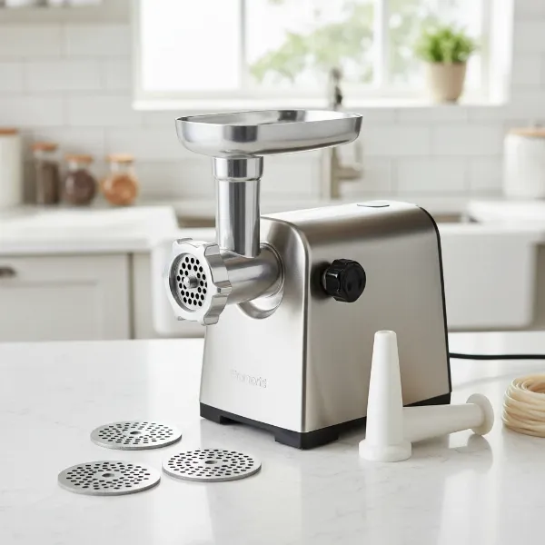 A powerful electric meat grinder with various attachments for making homemade sausage.