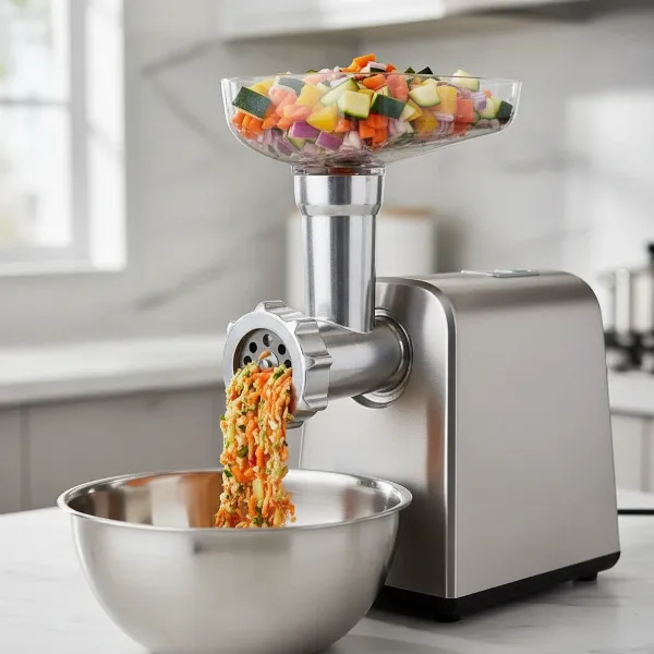 Electric meat grinder processing vegetables, showcasing efficiency and power for kitchen tasks.