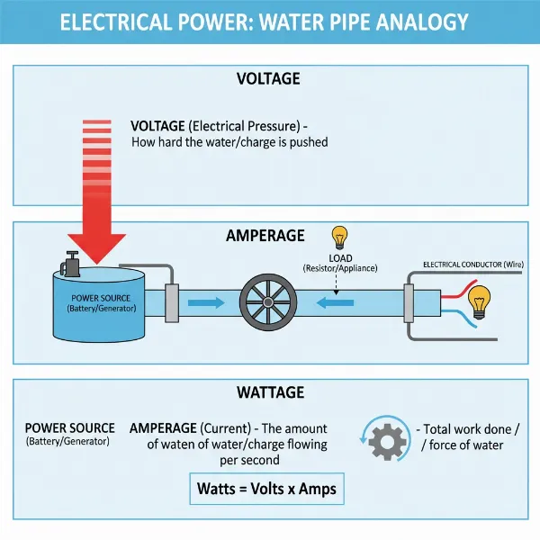 Diagram illustrating the relationship between voltage, current (amperage), and wattage in an electrical circuit.