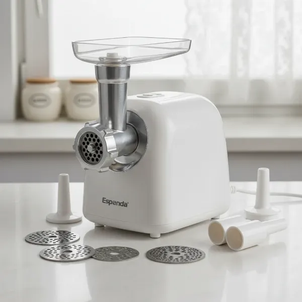 An Esperanza electric meat grinder with various attachments and grinding plates on a kitchen counter.