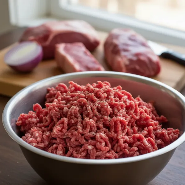 Freshly ground beef in a bowl, showing the texture achieved by a meat grinder.