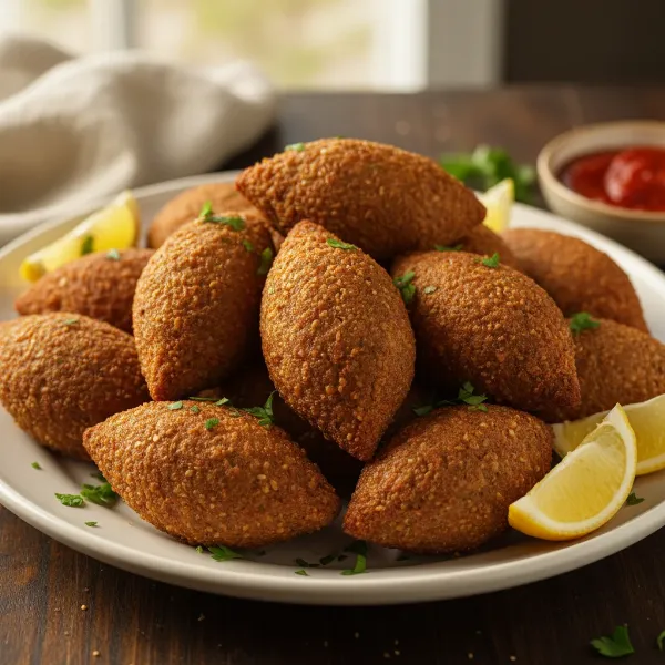 Perfectly fried kibbe arranged on a serving plate, garnished with fresh parsley and lemon wedges.
