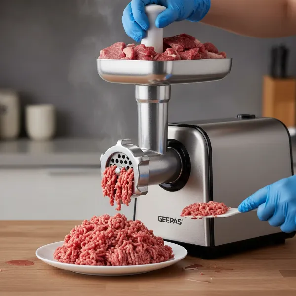 Geepas electric meat grinder actively grinding fresh red meat, showing consistent output and efficiency.