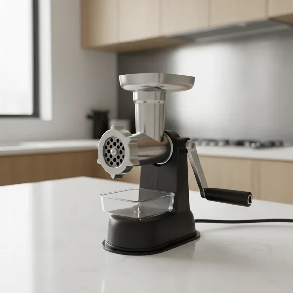 Gideon manual meat grinder with a powerful suction base attached to a kitchen counter.