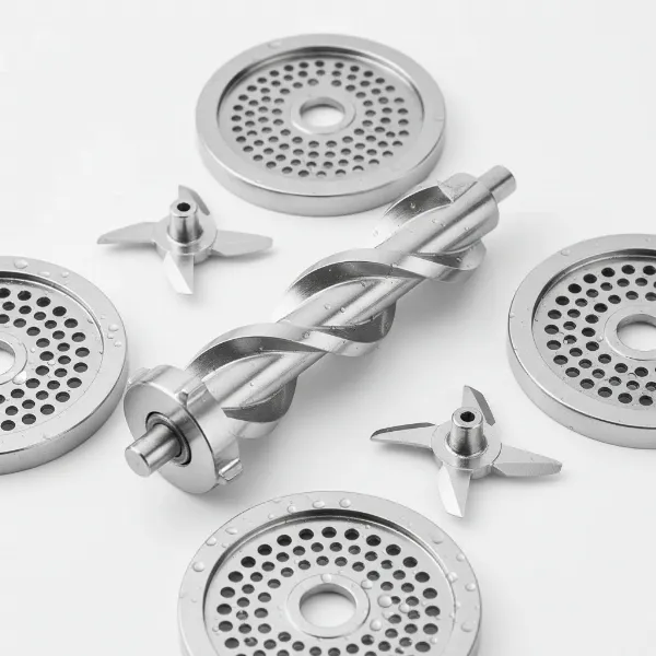 A close-up of shiny, disassembled stainless steel meat grinder components, highlighting their durability and hygiene.