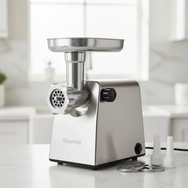 Gourmia GMG525 electric meat grinder with sleek, compact design and prominent stainless steel components
