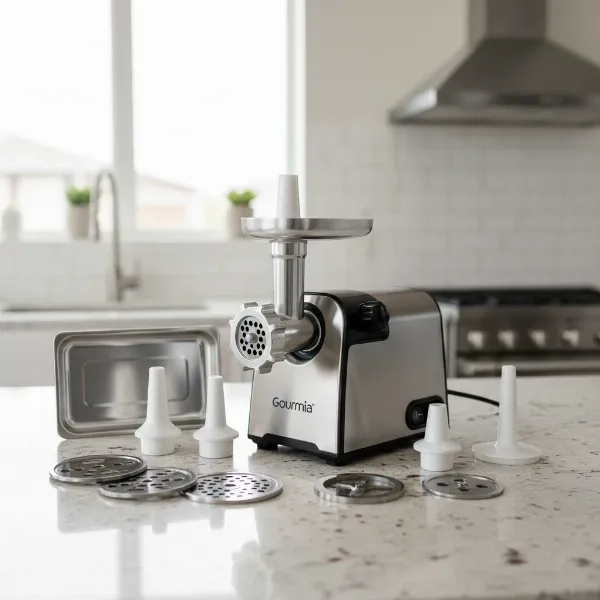 Gourmia GMG525 meat grinder showcasing all its versatile attachments for varied culinary tasks