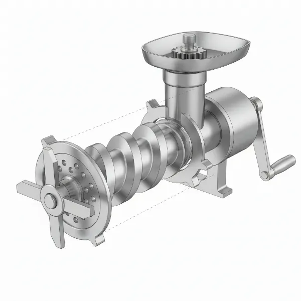 Internal grinding mechanism of Huanyu meat grinder, showing cross knife and spiral shaft.