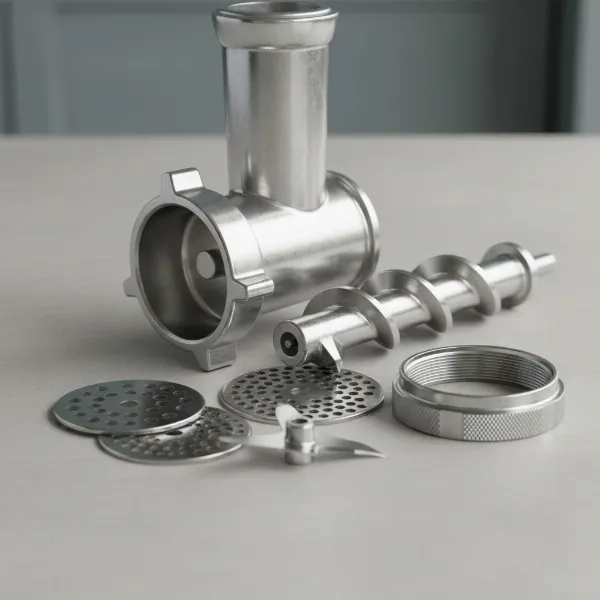 Close-up of the metal construction of the KitchenAid food grinder attachment parts.