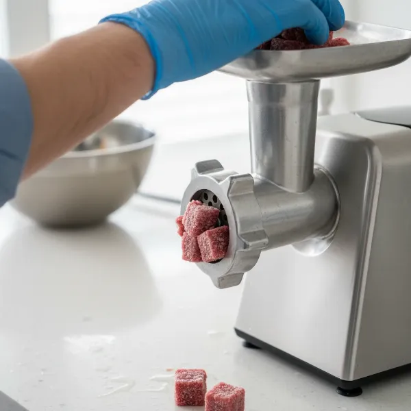 Hand feeding chilled, cubed meat into an electric grinder, highlighting proper preparation and safe use.