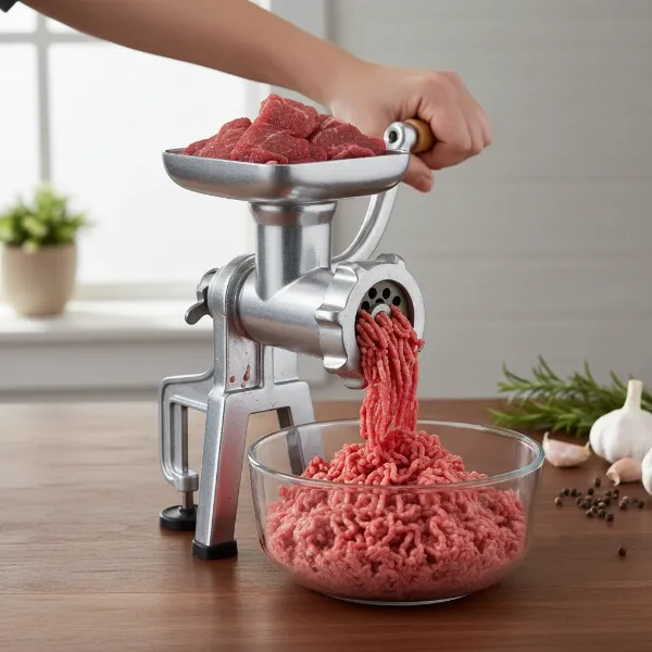 Bellemain manual meat grinder actively grinding raw beef into a medium texture.