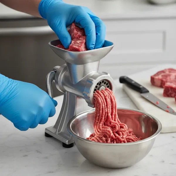 Hands using a LEM #10 manual meat grinder to process raw beef cubes.