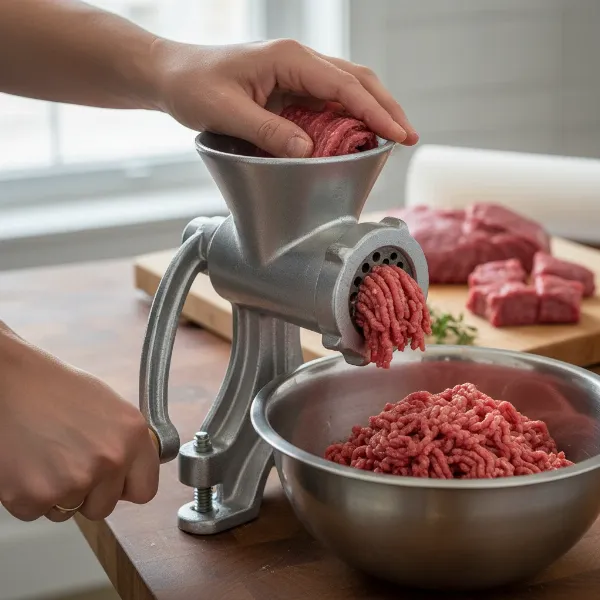 Hands operating a Weston manual tinned meat grinder, processing strips of red meat into ground meat.