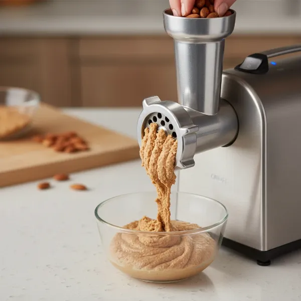 A person actively grinding nuts using an electric meat grinder to produce nut butter.