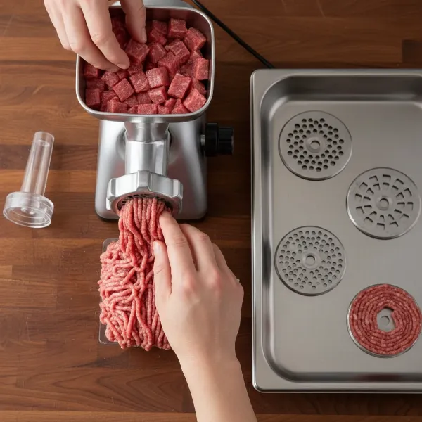 A person gently feeding small, consistent portions of meat into a grinder, with a selection of different sized grinding plates visible nearby.