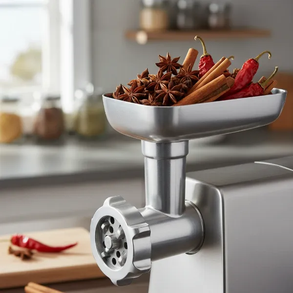 Whole dried spices being fed into a meat grinder to create aromatic spice blends.