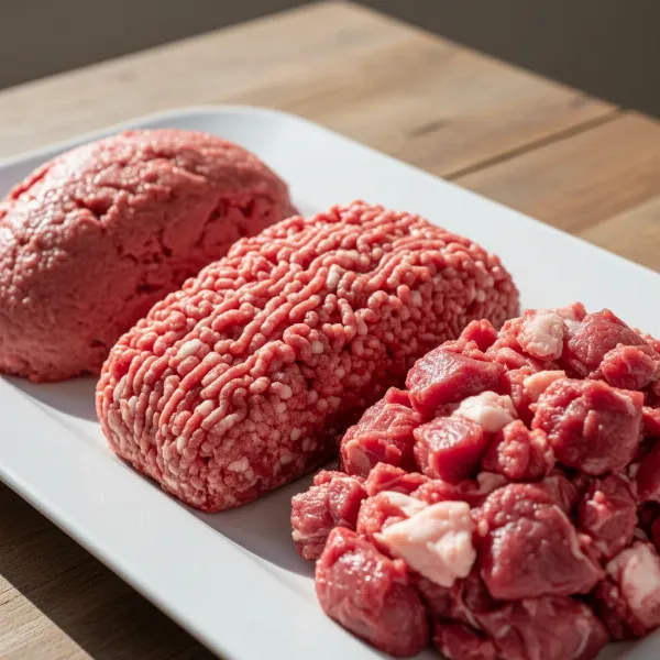Comparison of three ground meat textures: fine, medium, and coarse, showcasing different consistencies.