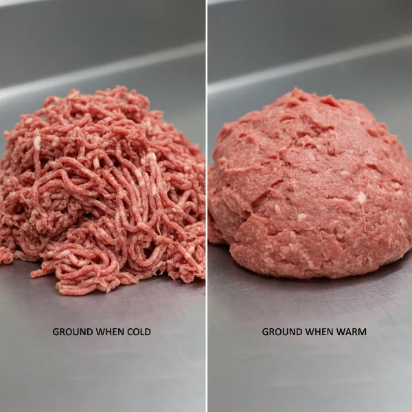Comparison of perfectly ground cold meat with crumbly texture versus smeared ground warm meat