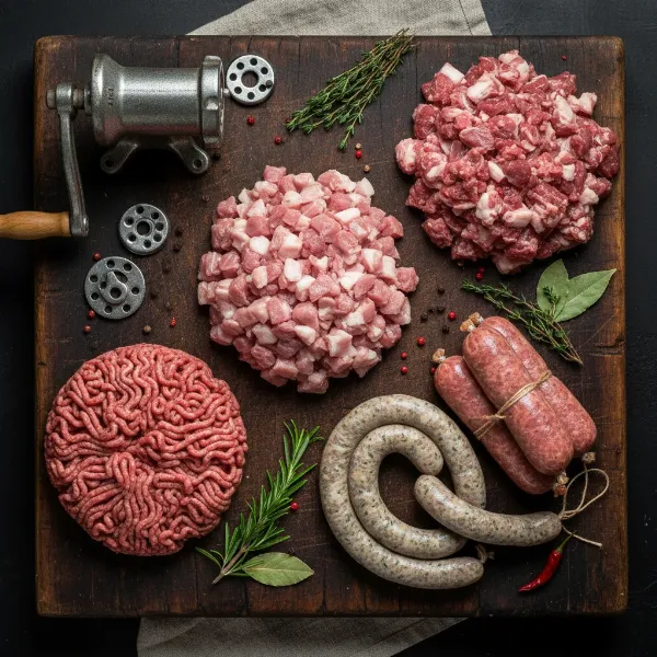 Various textures of ground meat (fine, medium, coarse) and homemade sausages, demonstrating versatility.