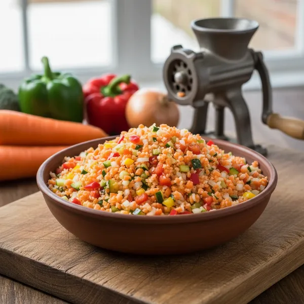Bowl of freshly ground mixed vegetables for cooking, ready for use.