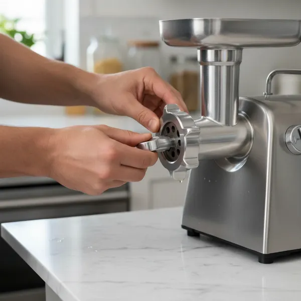Hands demonstrating the proper finger-tightening technique for a meat grinder's locking ring.