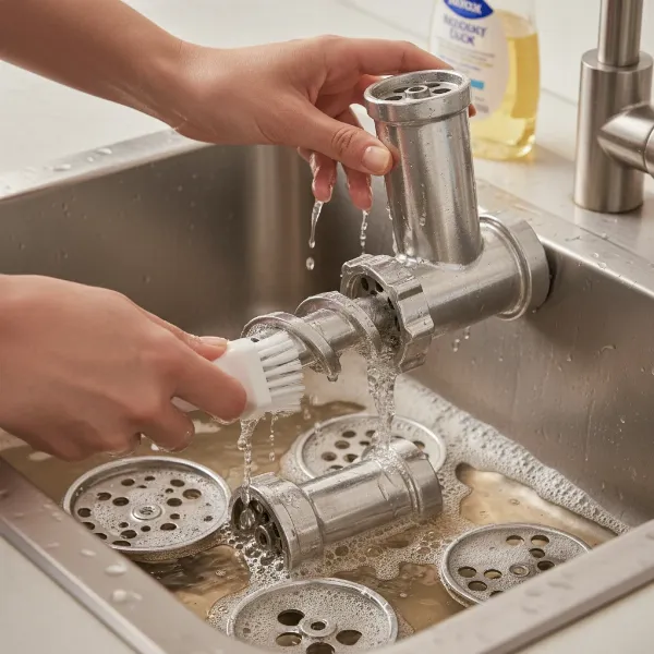 Hand washing KitchenAid metal food grinder components with a brush and soapy water.