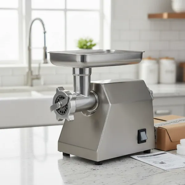 Happybuy commercial meat grinder, 1100W, stainless steel, powerful, durable, sleek design, unboxed