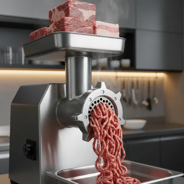 A powerful stainless steel heavy-duty electric meat grinder processing raw meat for salami.