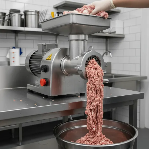 A powerful, heavy-duty electric meat grinder efficiently processing raw meat and soft bones for homemade dog food.