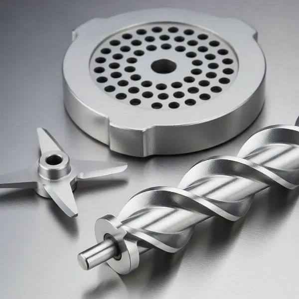 A close-up showcasing high-quality stainless steel components of a meat grinder, emphasizing their robust construction and clean finish.