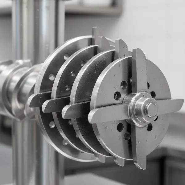 Close-up of durable stainless steel grinding plates and blades for a meat grinder.