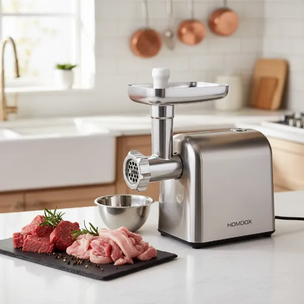 Homdox electric meat grinder on a modern kitchen counter, ready for use, with fresh meat beside it.