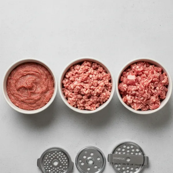 Three bowls displaying different grind consistencies from the Homdox meat grinder: fine, medium, coarse.