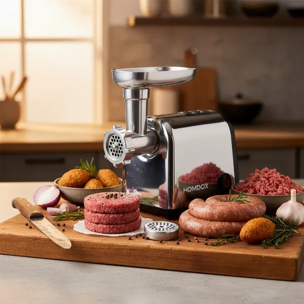 Homdox electric meat grinder surrounded by delicious homemade ground meat products.