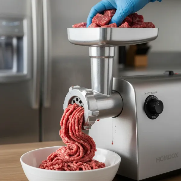 Homdox electric meat grinder efficiently processing raw beef cubes into ground meat.