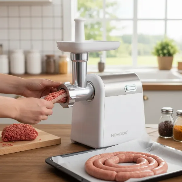 Homdox electric meat grinder being used with sausage stuffing attachment, making fresh sausages.