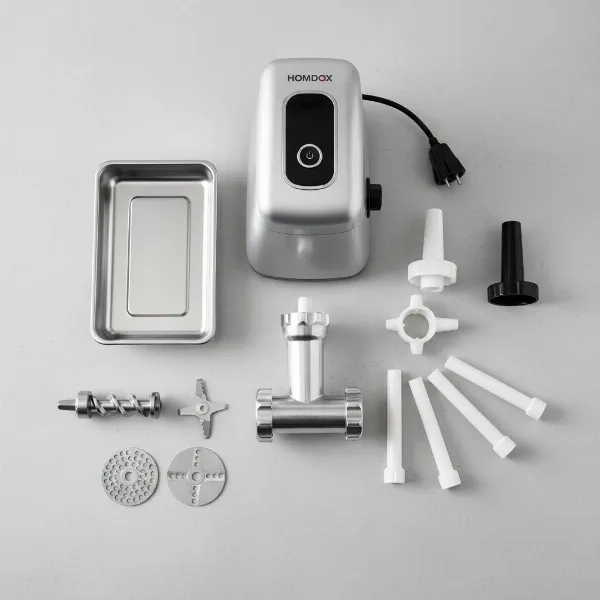 Homdox electric meat grinder components laid out after unboxing, showing all attachments.
