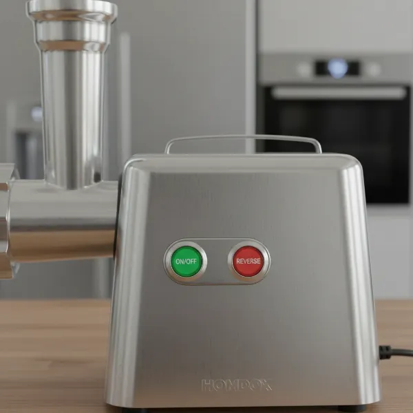 Close-up of the Homdox electric meat grinder's motor base, highlighting its powerful features.