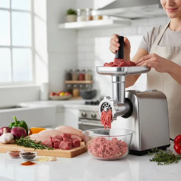 A home cook uses a stainless steel meat grinder, surrounded by fresh ingredients for a healthy meal.