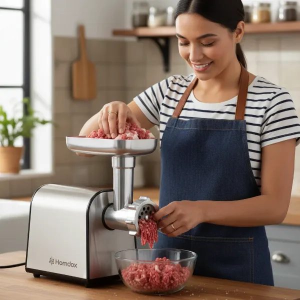 A happy home cook using the Homdox electric meat grinder to prepare ground meat.
