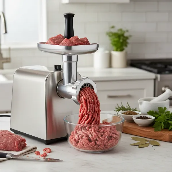 An electric #8 meat grinder in a home kitchen, processing ground beef for everyday cooking.