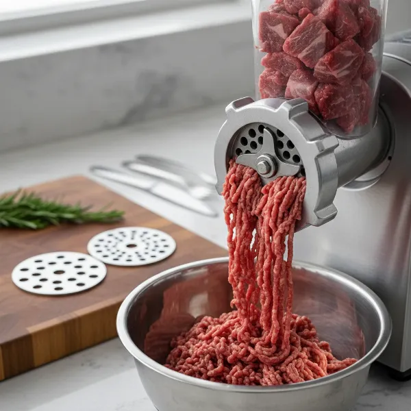 Electric meat grinder processing chilled beef cubes for smash burgers, showing coarse and fine grind plates.