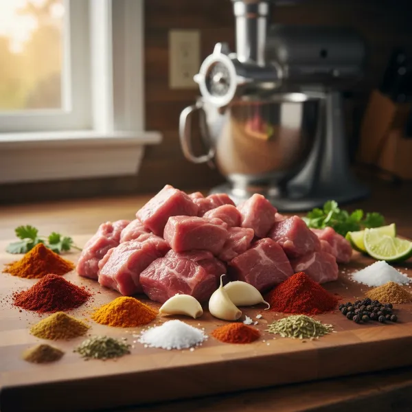 a kitchen scene showing ingredients and a meat grinder for making fresh Mexican chorizo