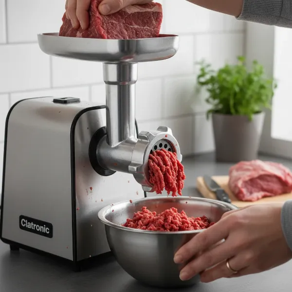 A Clatronic meat grinder in action, producing fresh ground meat for home cooking.