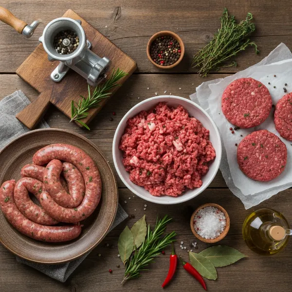 Various homemade ground meat products like sausages, burgers, and ground beef, showcasing culinary versatility.