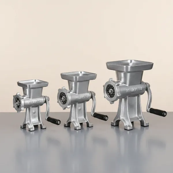 Huanyu manual meat grinder models in different sizes, illustrating capacity options.