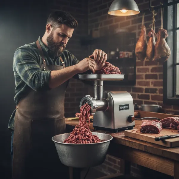 Hunter grinding venison game meat with a powerful electric meat grinder