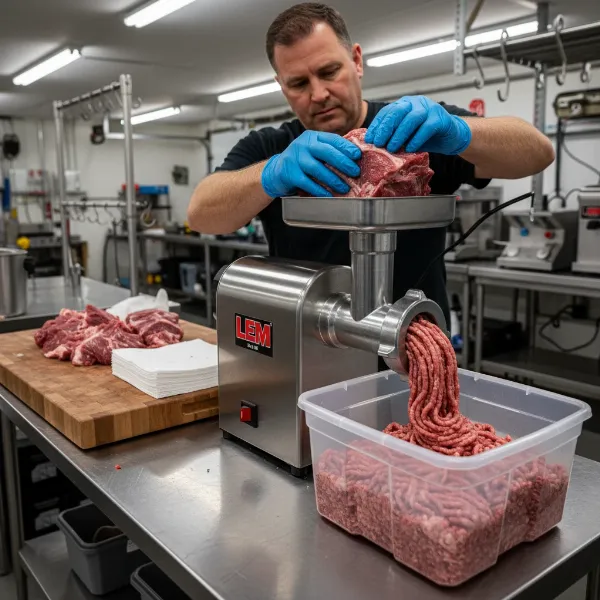 Hunter using a LEM Big Bite #8 meat grinder to process venison in a home setting.