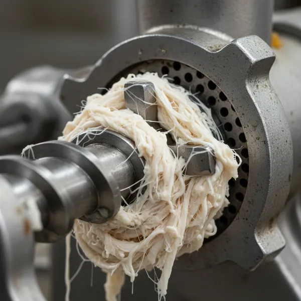 Close-up of sinew wrapped around a meat grinder auger and blade, causing a jam.